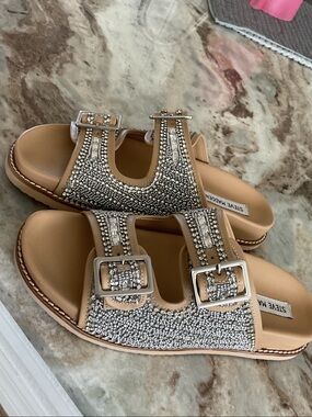 Steve Madden Cabo rhinestone/tan slides, size 9, NWOT